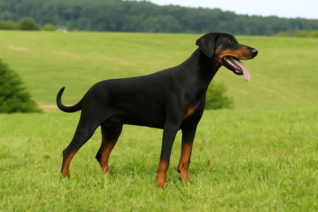 Doberman noir avec des marques feu, debout de profil dans un champ, la langue pendante et l’air vigilant