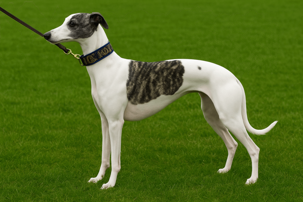 Whippet blanc et bringé debout de profil sur l’herbe, tenu en laisse, montrant sa silhouette élancée