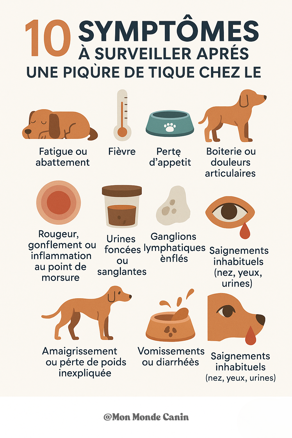 Infographie montrant dix symptômes d’une piqûre de tique chez le chien, illustrés par des icônes : fatigue, fièvre, perte d’appétit, boiterie, rougeur, urines foncées, ganglions enflés, amaigrissement, vomissements, saignements inhabituels.