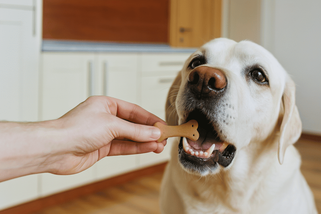Labrador recevant un complément articulaire sous forme de biscuit dans une cuisine, illustrant la routine facile d’administration