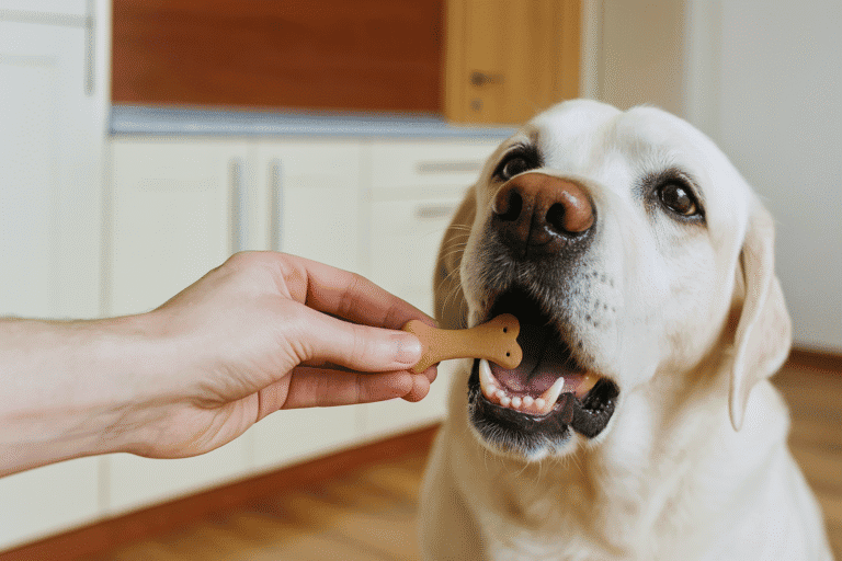 Labrador recevant un complément articulaire sous forme de biscuit dans une cuisine, illustrant la routine facile d’administration