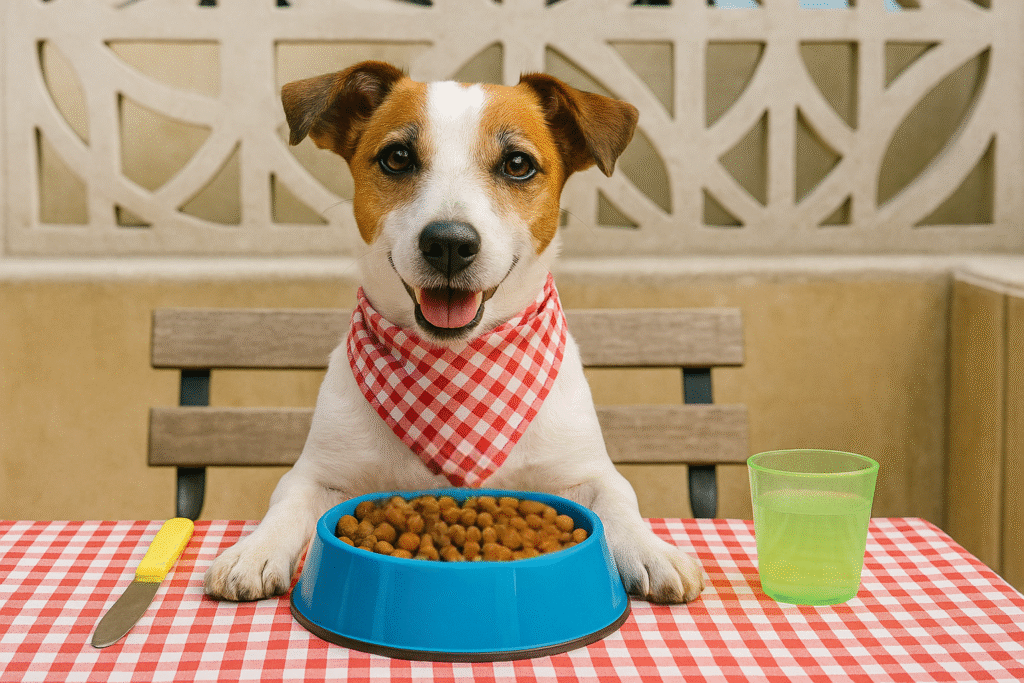 Jack Russell Terrier assis devant une gamelle de croquettes au saumon pour chien sur une table avec nappe à carreaux rouges