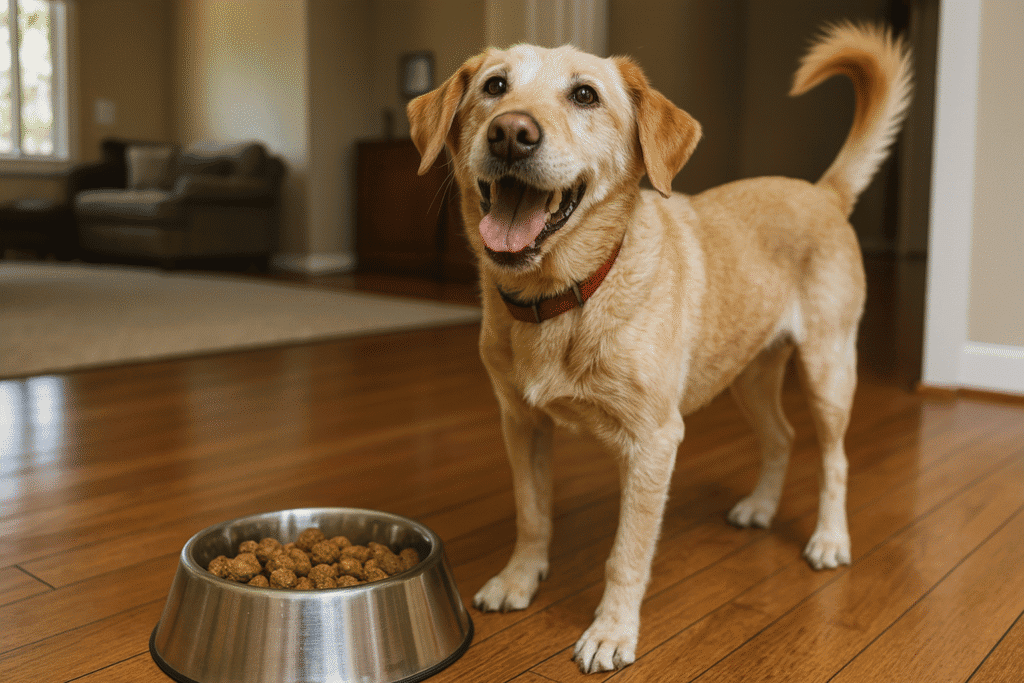 Labrador âgé souriant debout près d’une gamelle remplie de croquettes, illustrant les meilleures croquettes pour chien âgé.