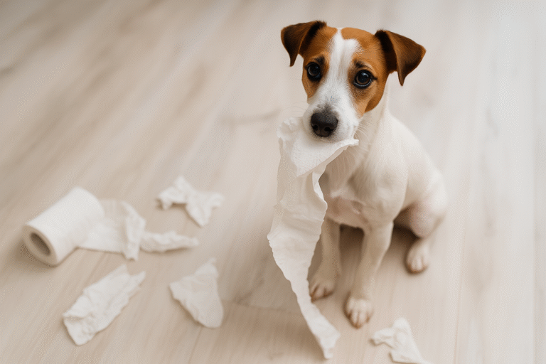 Jeune Jack Russell Terrier jouant avec du papier toilette sur le sol