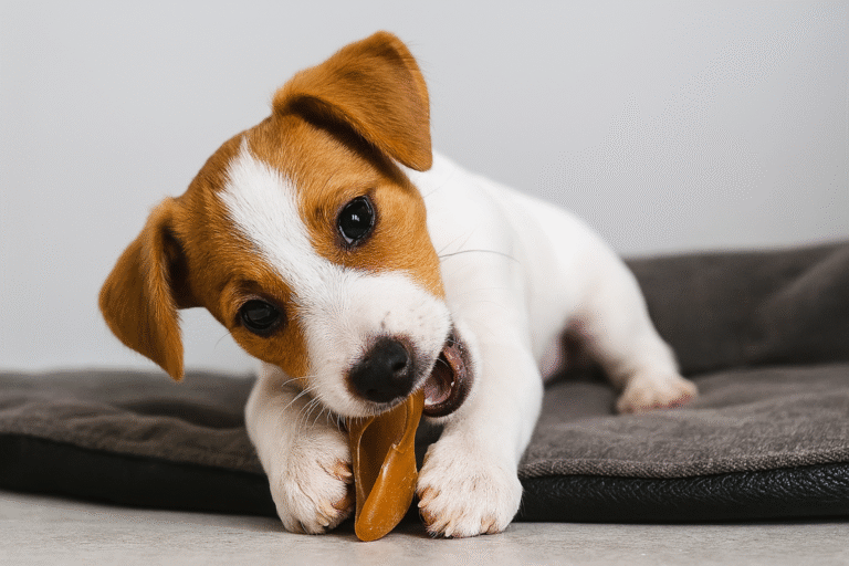 Jeune chiot Jack Russell Terrier blanc et marron, allongé sur un coussin gris, mâchant un sabot de veau naturel, vue horizontale réaliste