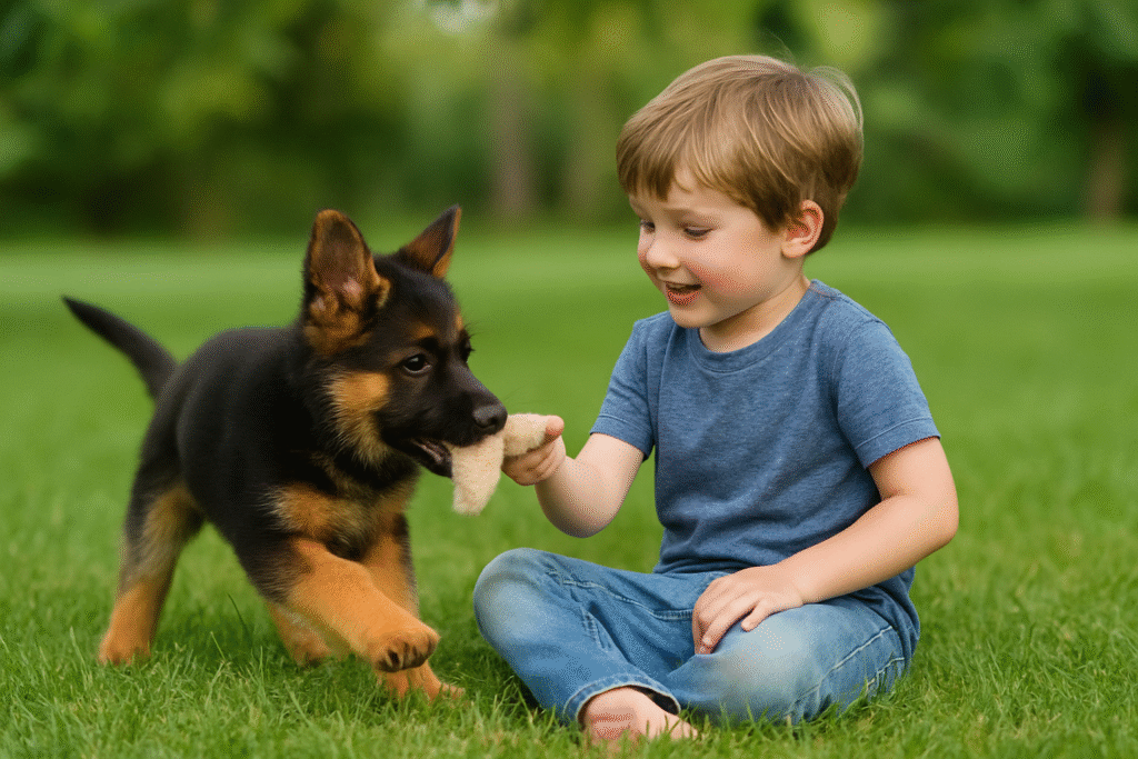 Chiot berger allemand et enfant jouant