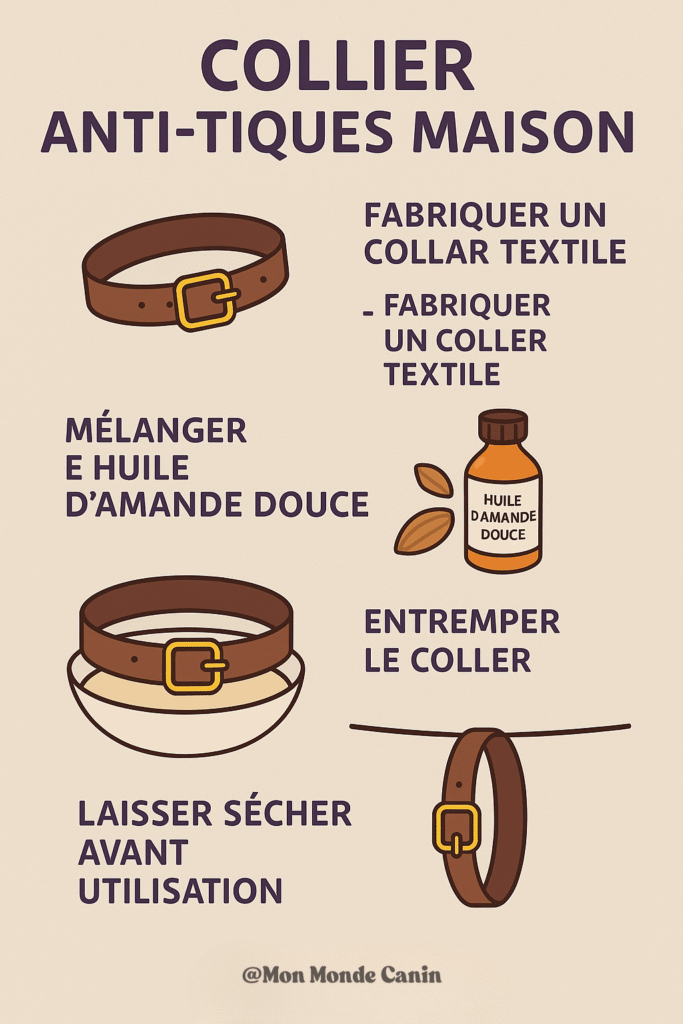 Infographie expliquant la fabrication d’un collier anti-tique naturel maison pour chien, en imbibant un collier textile d’un mélange d’huile essentielle et d’huile d’amande douce.