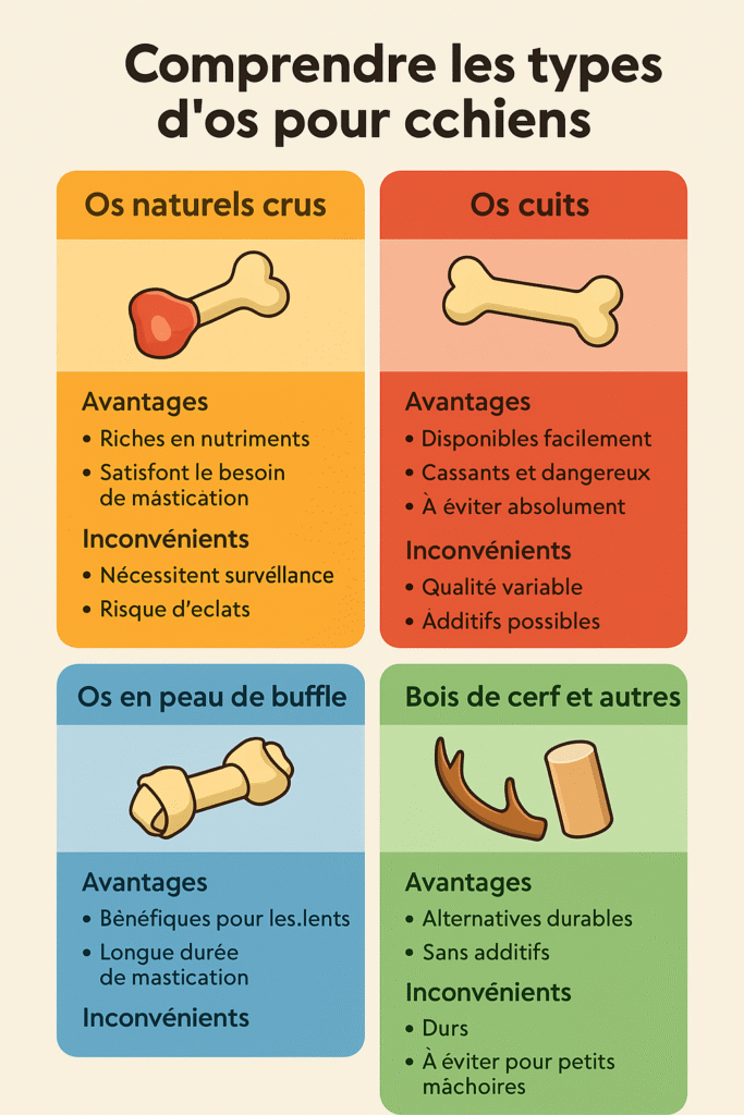 Infographie colorée expliquant les types d’os pour chiens : crus, cuits, en peau de buffle, bois de cerf, avec avantages et inconvénients.