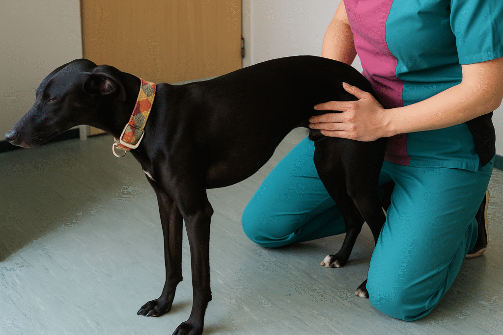 Chien noir maigre examiné par un vétérinaire en tenue colorée dans une clinique