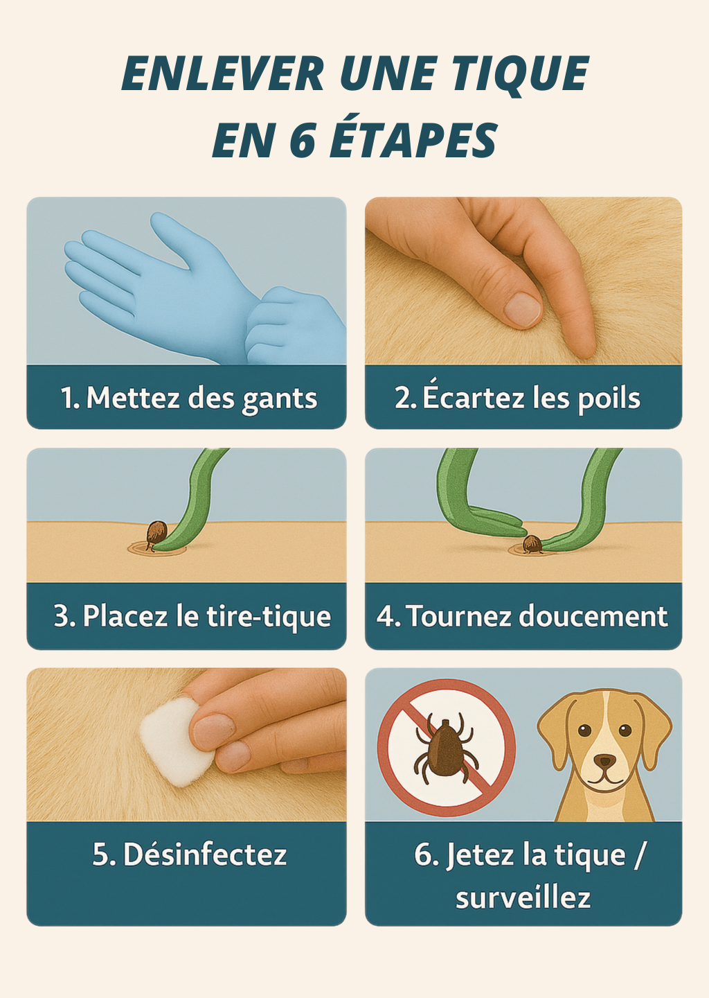 Infographie en 6 étapes pour retirer une tique sur un chien : mettre des gants, écarter les poils, placer le tire-tique, tourner doucement, désinfecter, jeter la tique et surveiller.