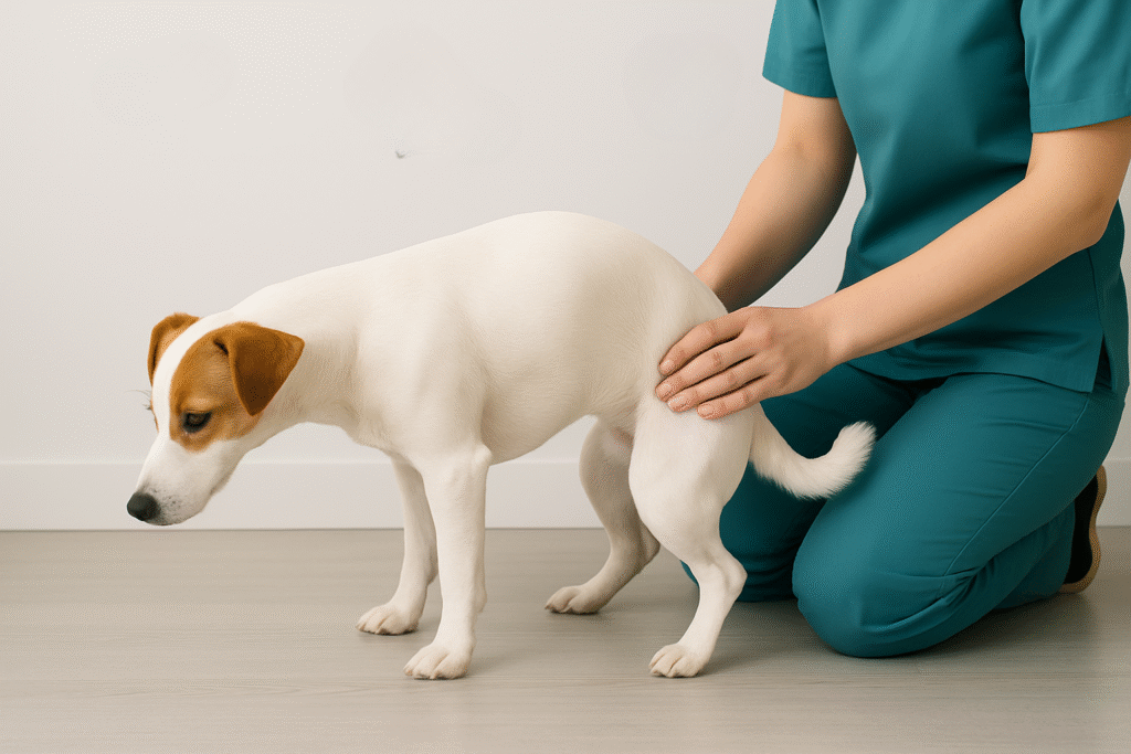Médicament pour la diarrhée du chien : Jack Russell Terrier examiné par un vétérinaire, en position accroupie sur le sol d’une clinique