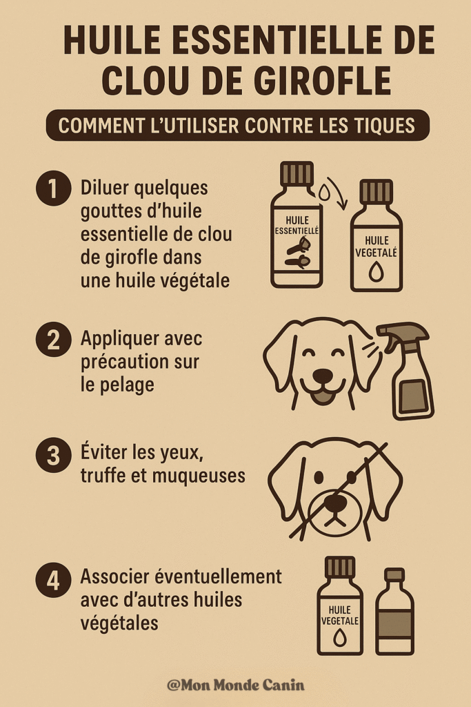 Infographie illustrant comment utiliser l’huile essentielle de clou de girofle contre les tiques chez le chien : dilution dans une huile végétale, application prudente, zones à éviter, associations possibles.