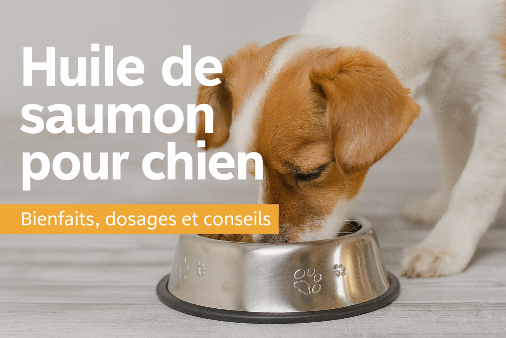 Jack Russell Terrier mangeant des croquettes agrémentées d’huile de saumon dans une gamelle en acier inoxydable sur fond uni chaud