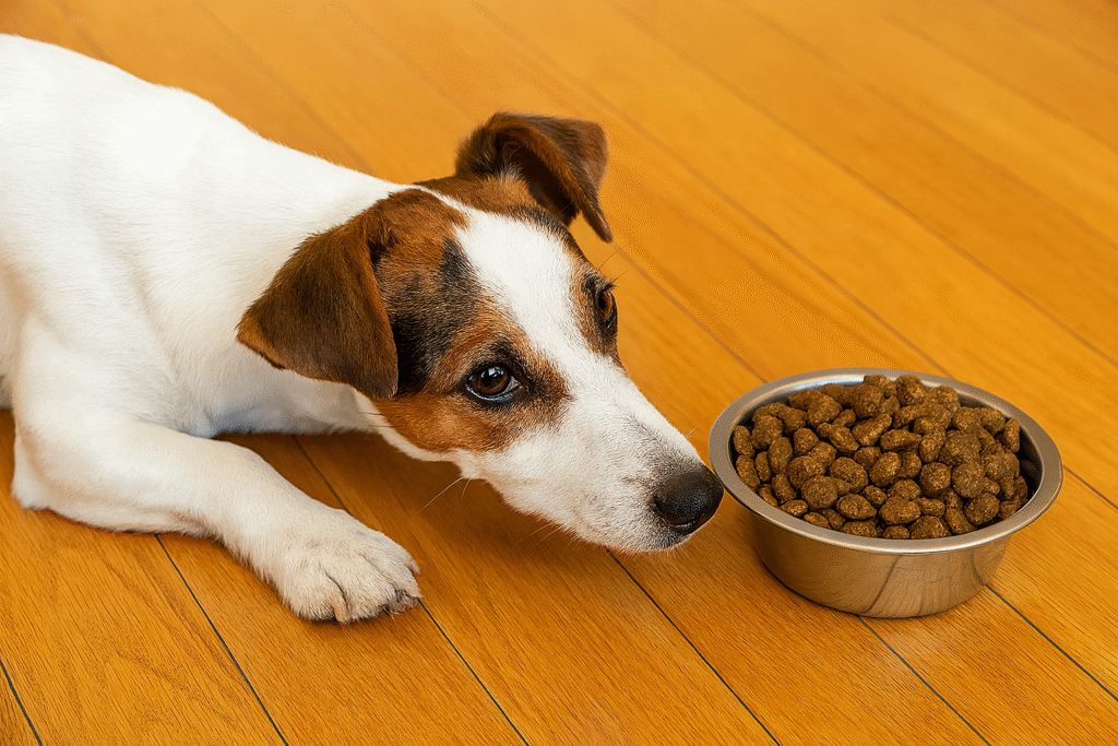 Jack Russell Terrier allongé sur un parquet en bois à côté d’une gamelle remplie de croquettes