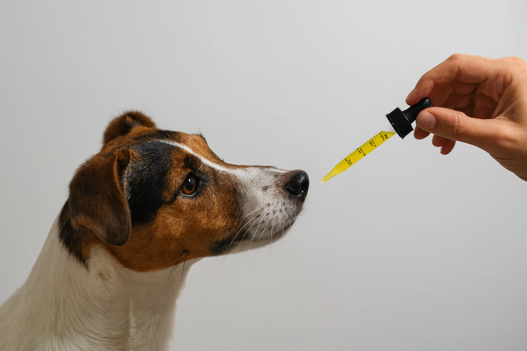 Jack Russell Terrier observant une pipette d’huile tenue par une main humaine