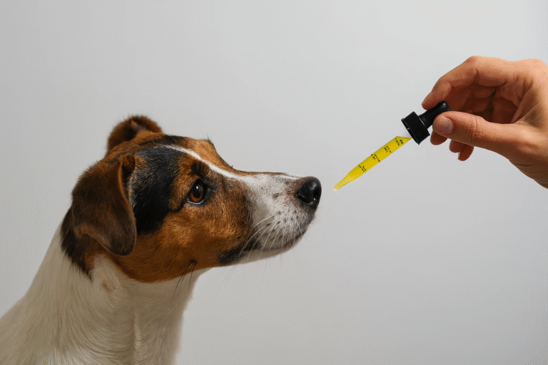 Jack Russell Terrier observant une pipette d’huile tenue par une main humaine