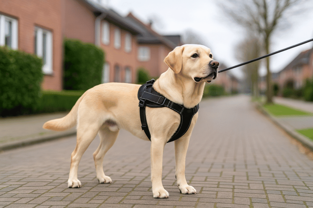 Labrador beige portant un harnais noir sur un trottoir résidentiel
