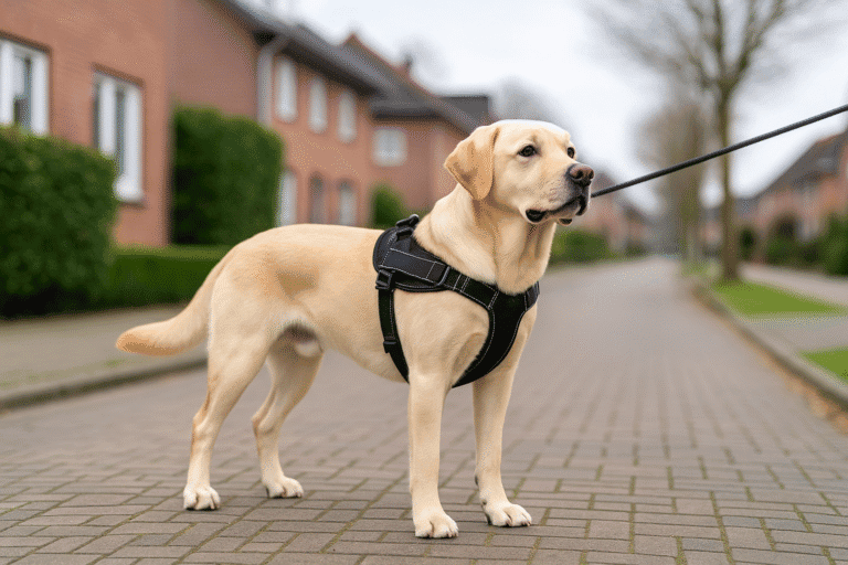 Labrador beige portant un harnais noir sur un trottoir résidentiel
