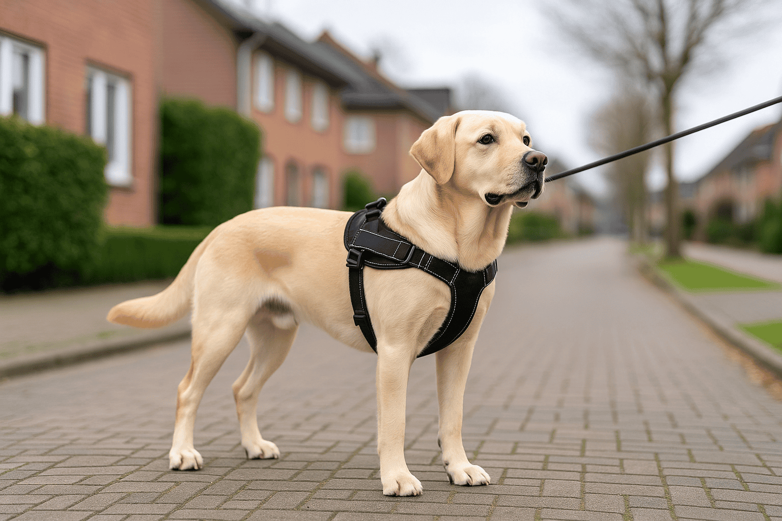 Labrador beige portant un harnais noir sur un trottoir résidentiel