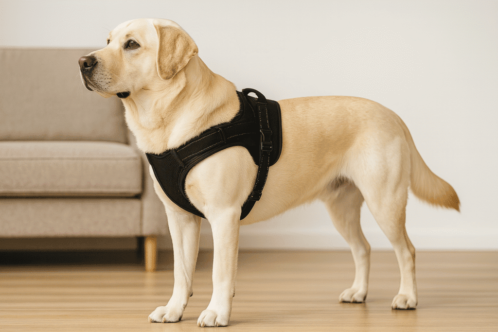 Chien Labrador adulte debout dans un salon moderne, portant un harnais noir confortable – illustration du meilleur harnais pour chien adapté aux grands gabarits