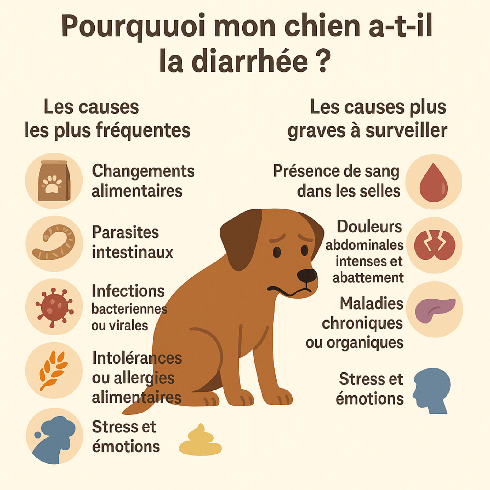 Infographie en français illustrant les causes fréquentes et graves de la diarrhée chez le chien, avec pictogrammes et un chien au centre