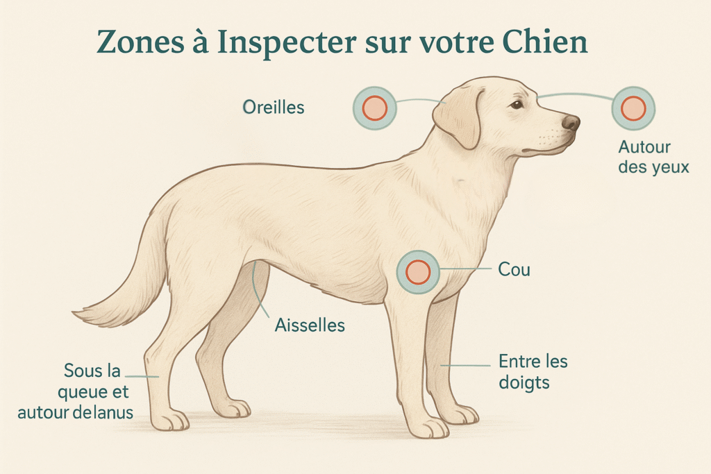 Où trouver une tique sur le chien (zones à inspecter)