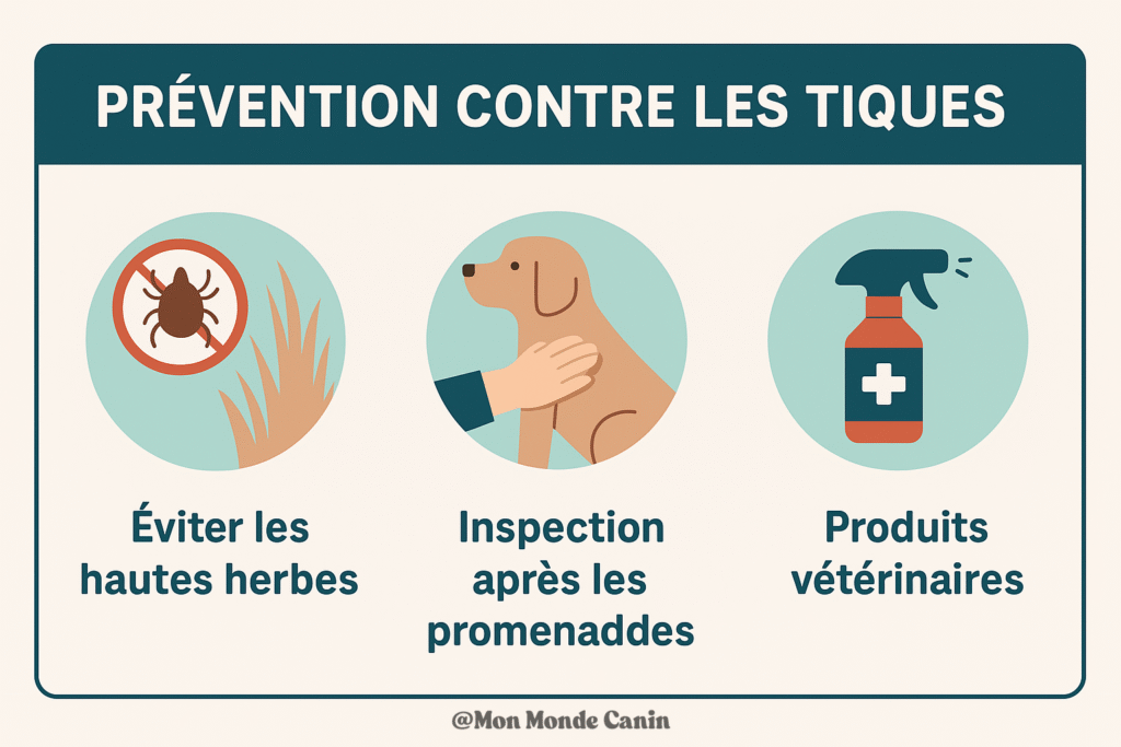 Infographie illustrant trois conseils pour prévenir les tiques chez le chien : éviter les hautes herbes, inspection après les promenades, et utilisation de produits vétérinaires, avec icônes rondes sur fond beige et bleu