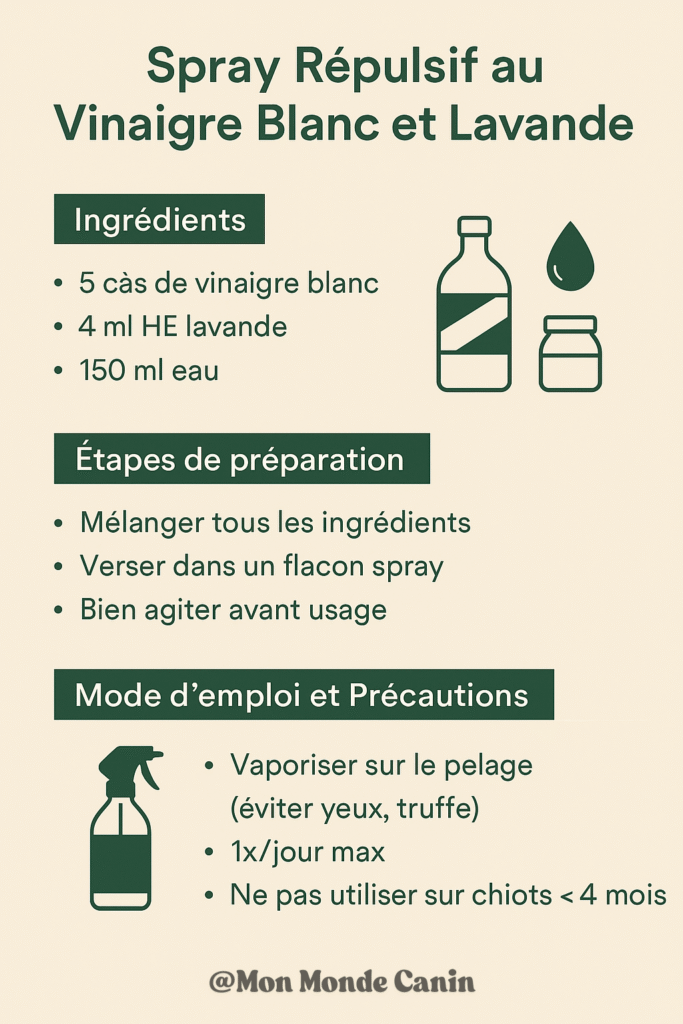 Infographie montrant la recette d’un spray anti-tique naturel pour chien à base de vinaigre blanc, huile essentielle de lavande et eau, avec instructions de préparation et précautions d’usage.