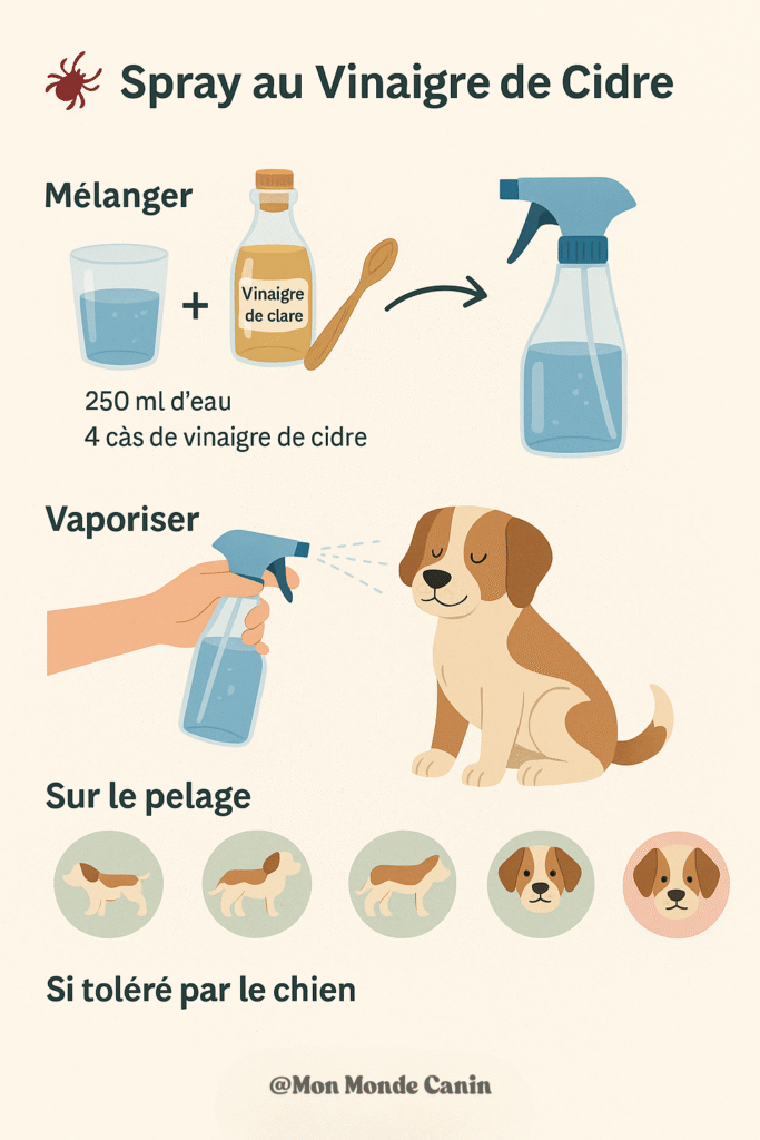 Infographie montrant comment préparer un spray anti-tique naturel pour chien à base de vinaigre de cidre et d’eau, avec illustration de l’application sur le pelage si bien toléré.
