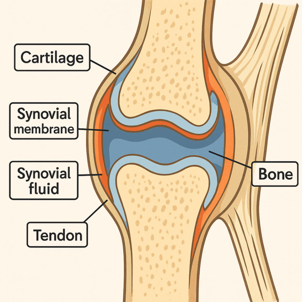 Schéma détaillé d’une articulation de chien montrant le cartilage, le liquide synovial et les os, illustrant l’utilité des compléments articulaires pour chien