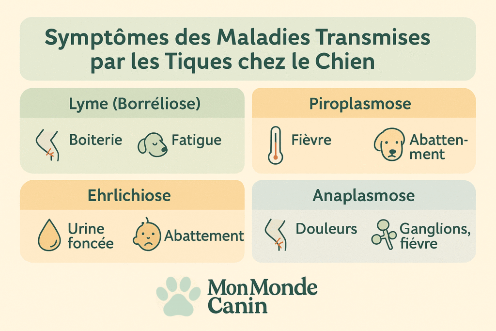 Symptômes et délais d’apparition des principales maladies transmises par les tiques chez le chien : maladie de Lyme, piroplasmose, ehrlichiose, anaplasmose