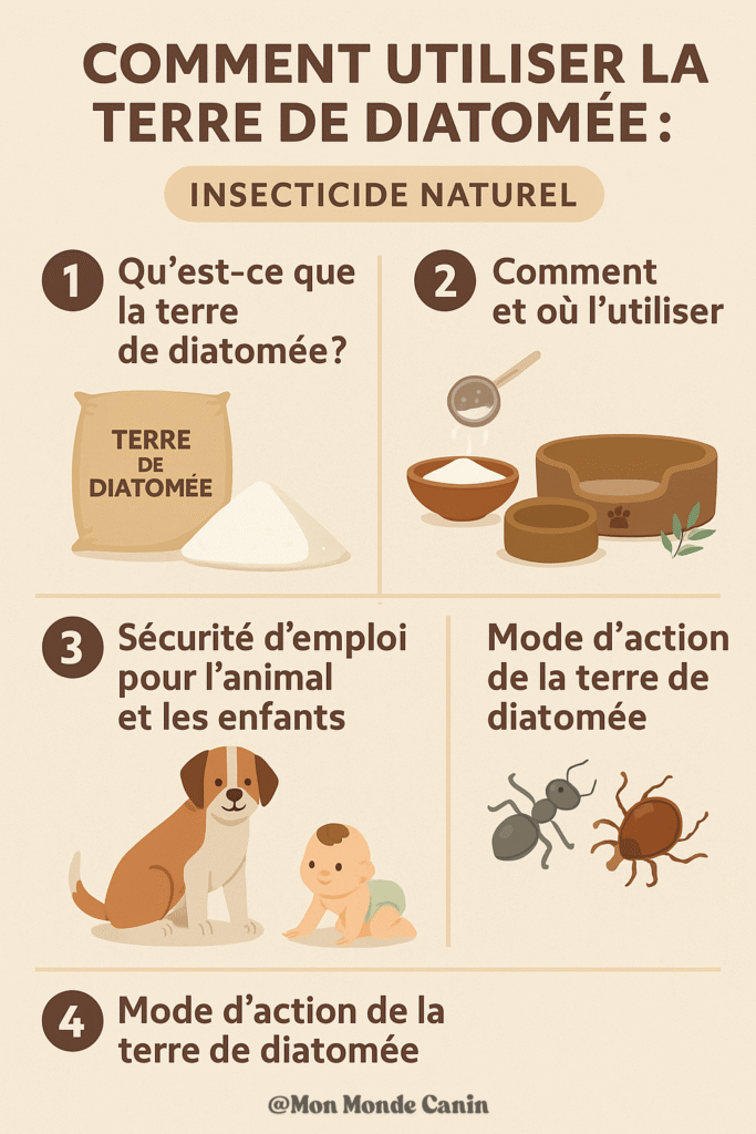Infographie en français décrivant l’usage sécuritaire de la terre de diatomée comme insecticide naturel contre les tiques, incluant définition, mode d’emploi et précautions pour les animaux et enfants.