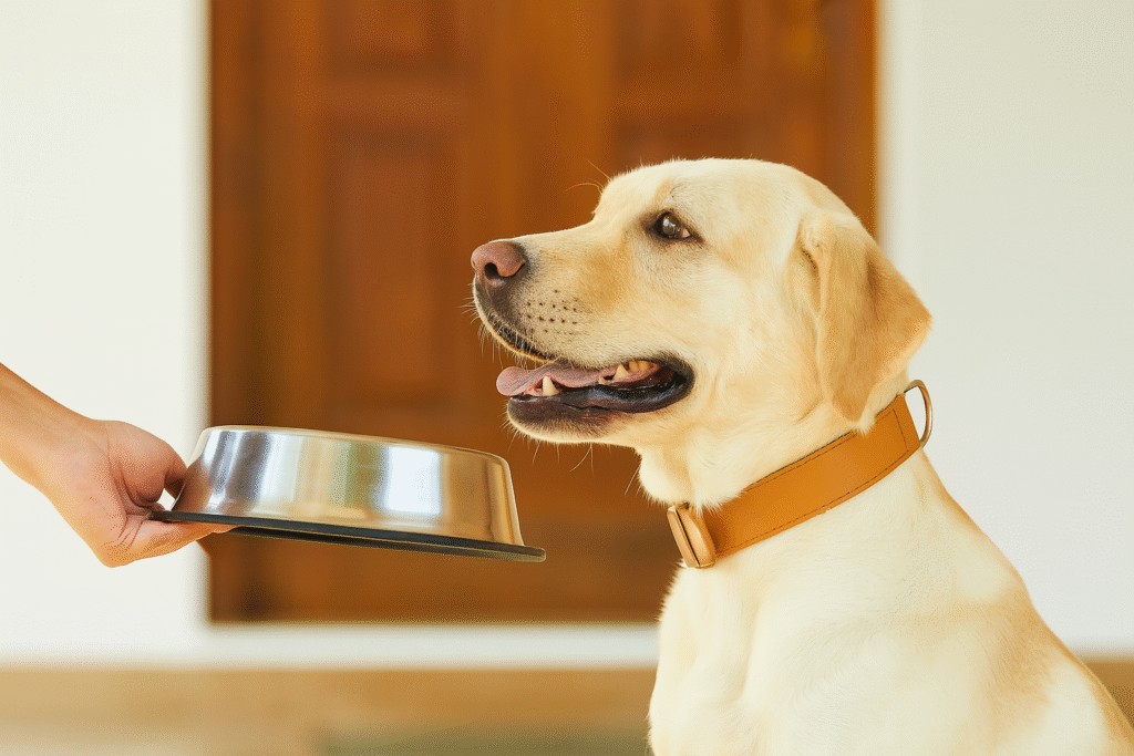 Labrador sable assis devant une gamelle tendue par une main humaine, porte un collier marron, arrière-plan en bois