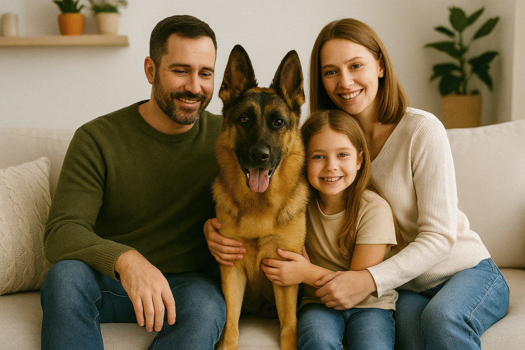 Famille de trois personnes — les parents et leur fille — assis sur le canapé avec leur berger allemand, dans un salon chaleureux et lumineux.