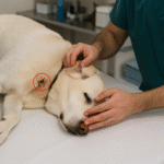 Un vétérinaire examine un labrador crème allongé sur une table d’examen, avec un cercle rouge mettant en évidence une tique accrochée à sa peau.