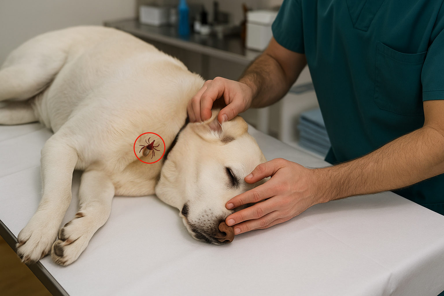 Un vétérinaire examine un labrador crème allongé sur une table d’examen, avec un cercle rouge mettant en évidence une tique accrochée à sa peau.