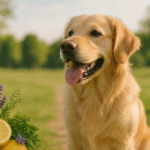 Golden Retriever assis dans un champ verdoyant au soleil, avec en premier plan des ingrédients naturels comme citron, lavande et plantes aromatiques, illustrant une approche naturelle contre les tiques chez le chien.