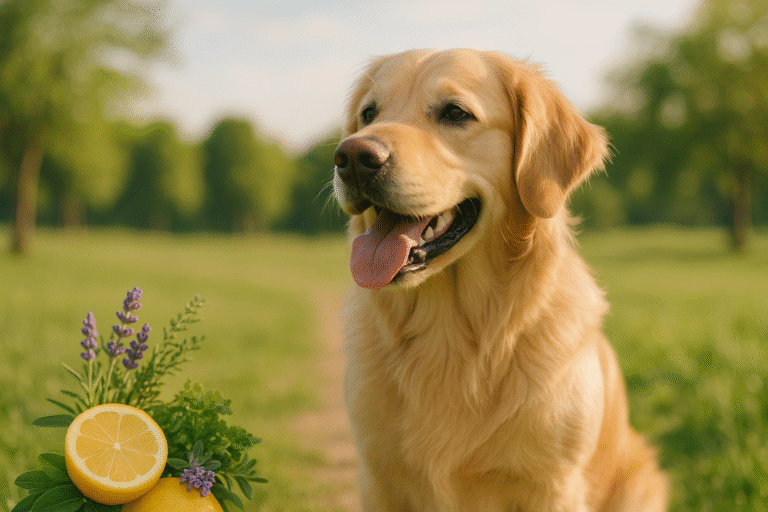 Golden Retriever assis dans un champ verdoyant au soleil, avec en premier plan des ingrédients naturels comme citron, lavande et plantes aromatiques, illustrant une approche naturelle contre les tiques chez le chien.