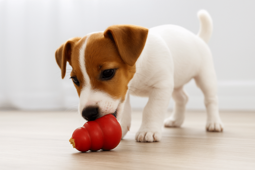 chiot jouant avec un jouet Kong rempli de friandise
