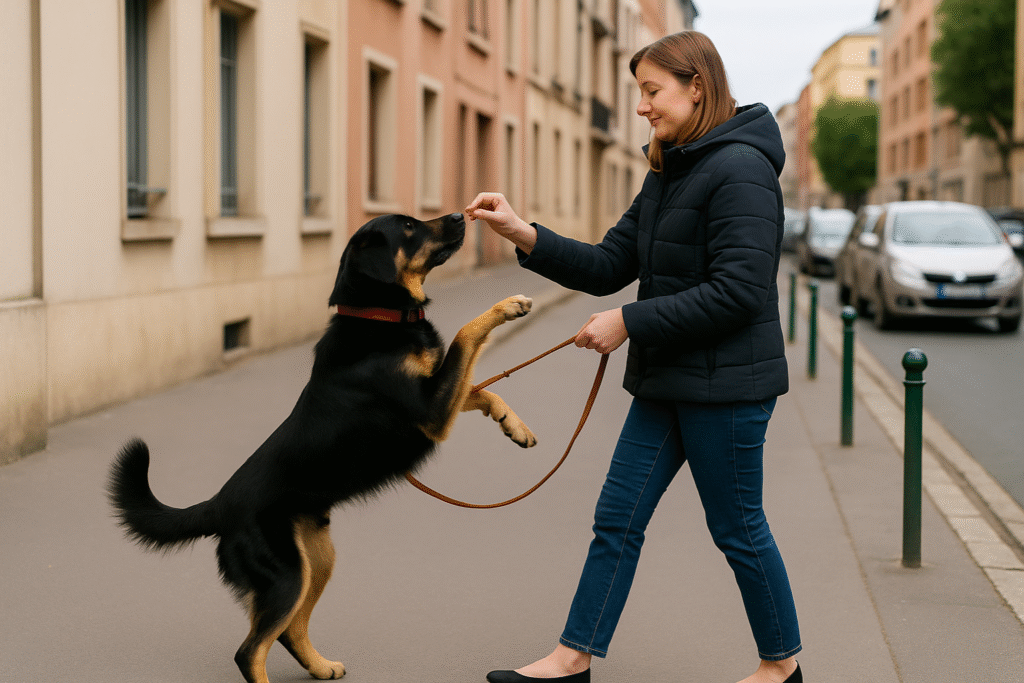 Maître montrant comment calmer un chien agressif avec les autres chiens en ville, en le récompensant pour son calme
