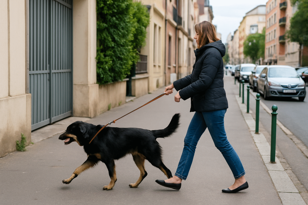 Maître apprenant à comment calmer un chien agressif avec les autres chiens en ville