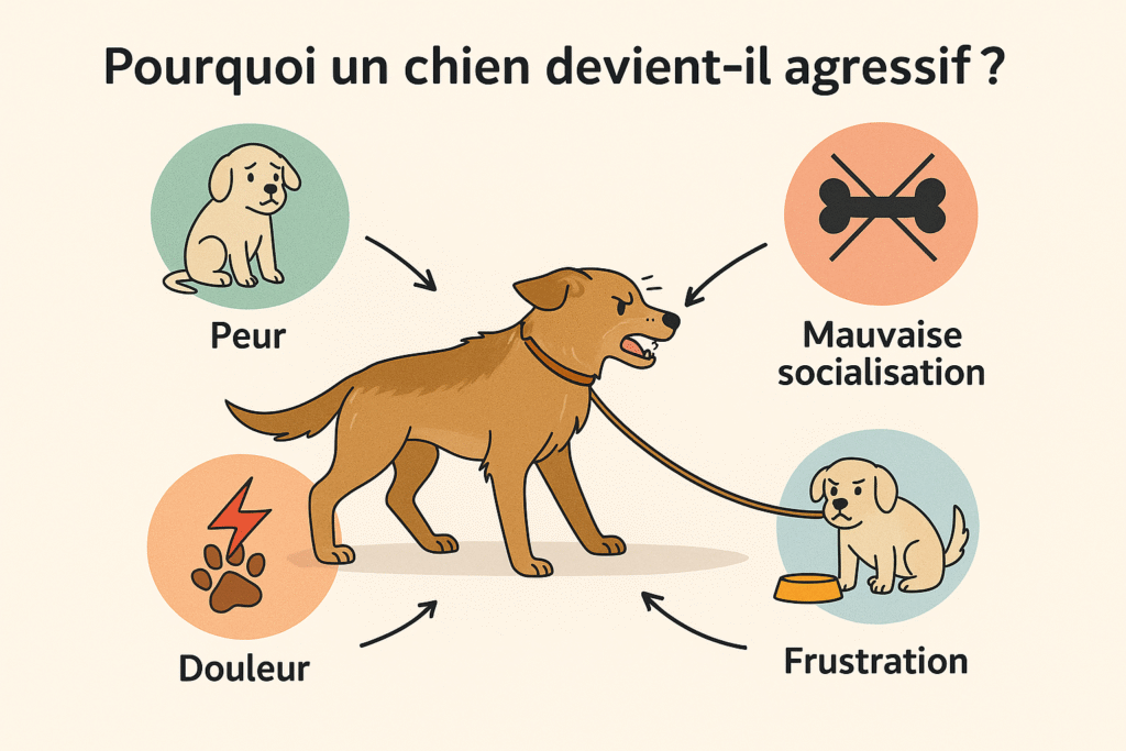 Infographie expliquant pourquoi un chien devient-il agressif avec les autres chiens, causes principales : peur, mauvaise socialisation, douleur, frustration