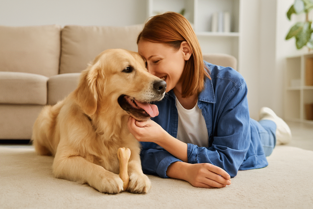 Maîtresse allongée sur un tapis, tête contre son golden retriever qui tient un os à mâcher dans un salon lumineux.